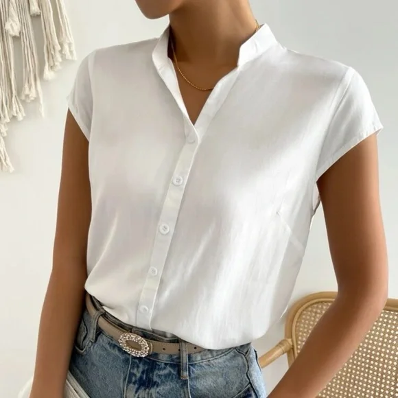 Batwing Short sleeve button up shirt white casual boho - Picture 1 of 3